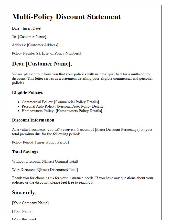 Letter template of multi-policy discount statement for commercial and personal policies.