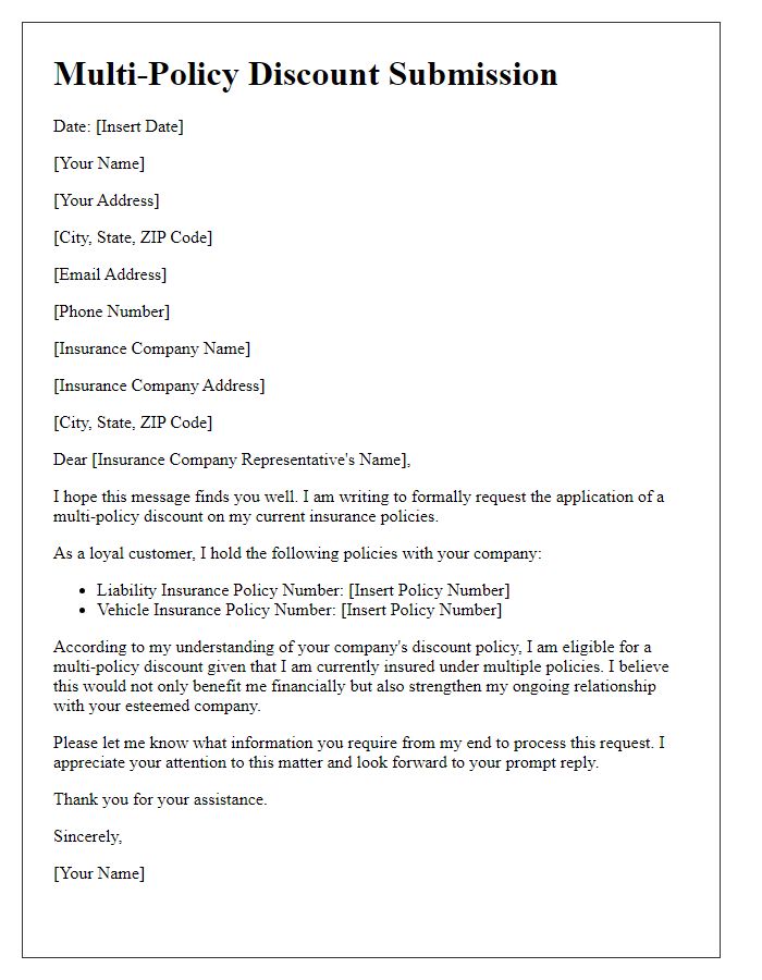 Letter template of multi-policy discount submission for liability and vehicle insurance.