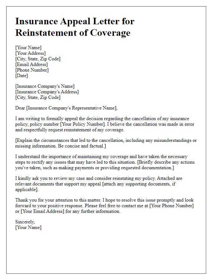 Letter template of insurance appeal for reinstatement of coverage