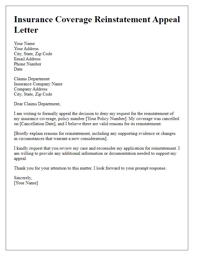 Letter template of insurance coverage reinstatement appeal letter