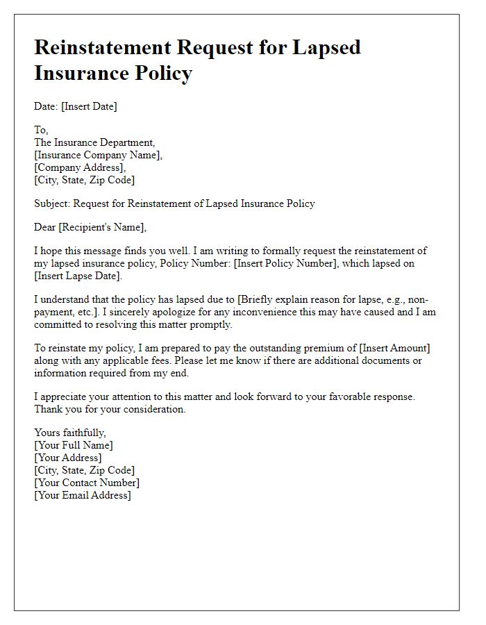 Letter template of reinstatement request for lapsed insurance policy