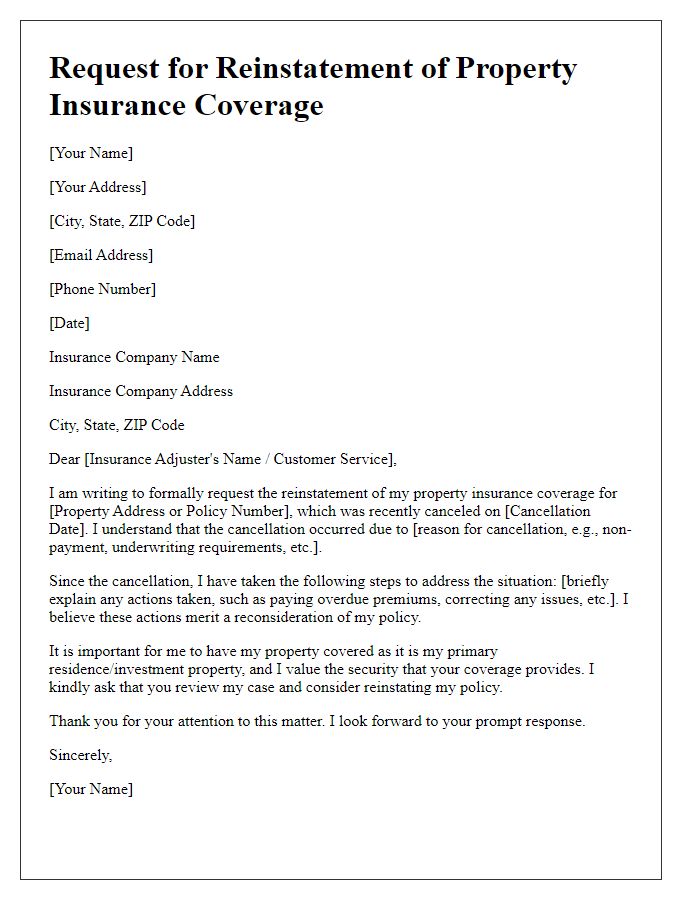 Letter template of request for reinstatement of property insurance coverage