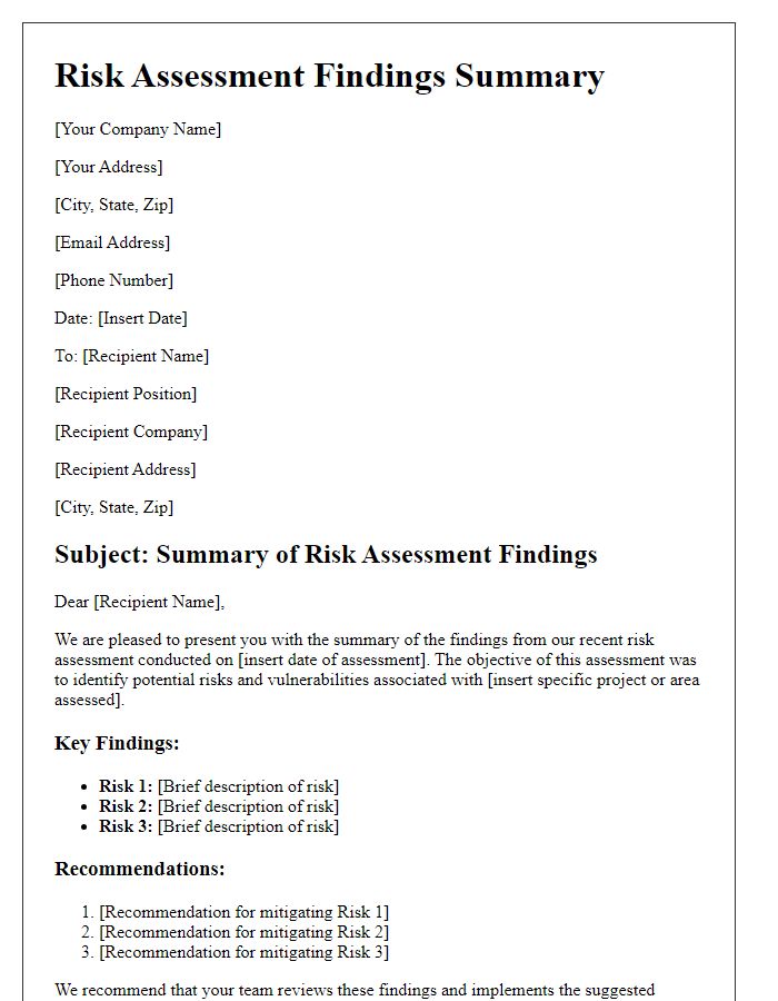 Letter template of risk assessment findings summary