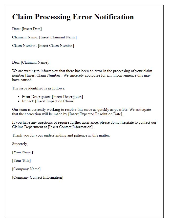 Letter template of Claim Processing Error Notification