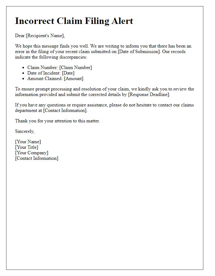 Letter template of Incorrect Claim Filing Alert