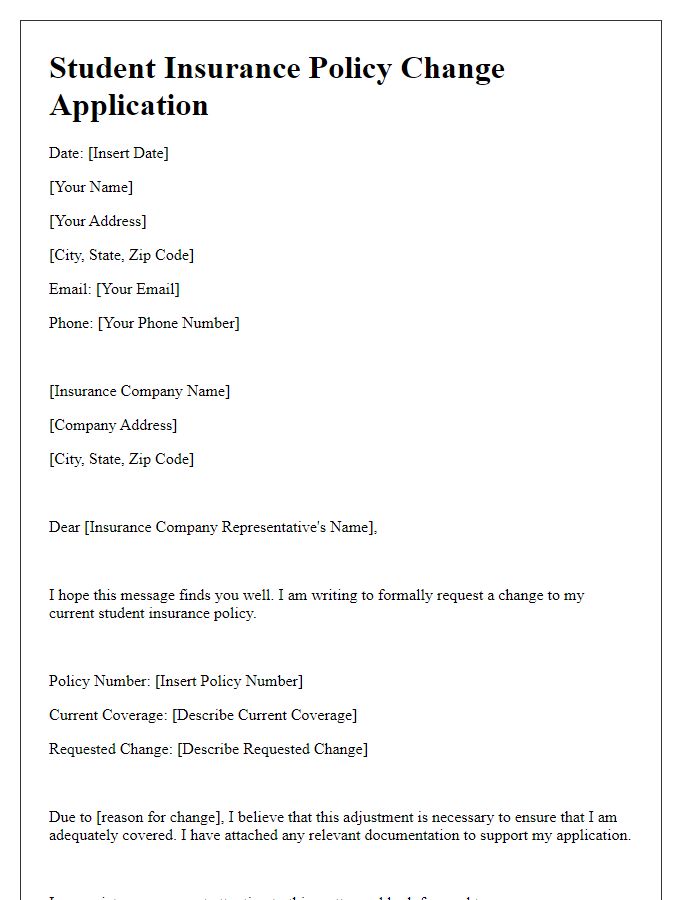 Letter template of student insurance policy change application.