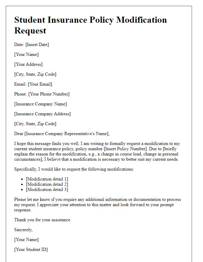 Letter template of student insurance policy modification request.