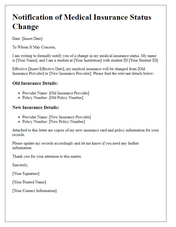 Letter template of student medical insurance status change.