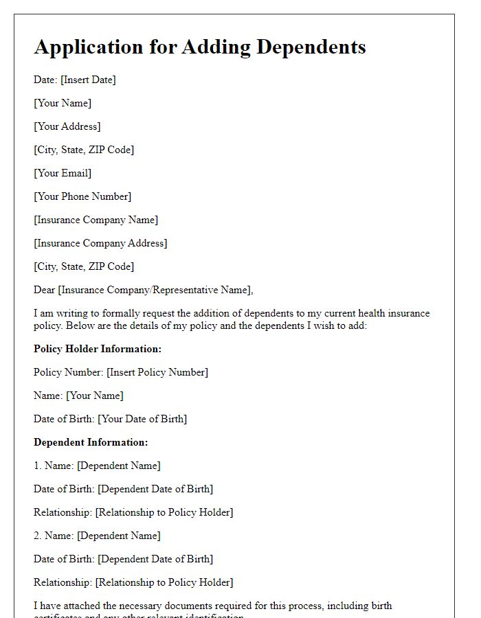 Letter template of application for adding dependents to health insurance