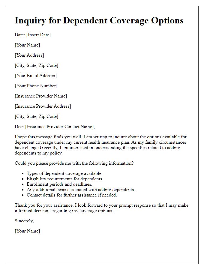 Letter template of inquiry for dependent coverage options