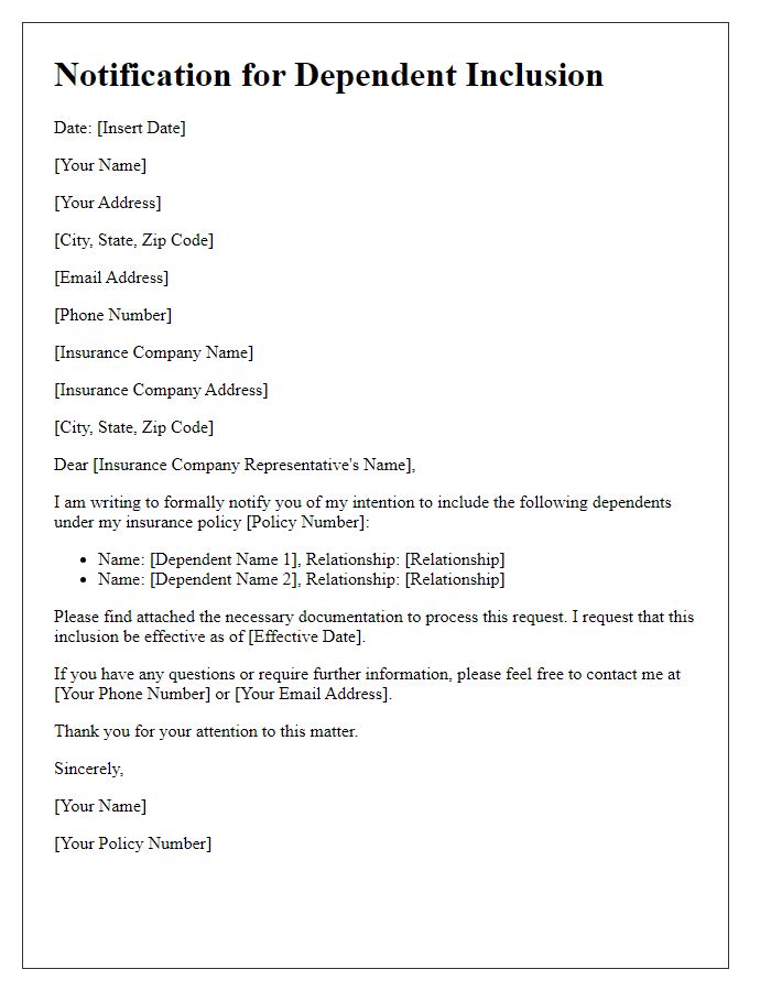 Letter template of notification for dependent inclusion in insurance policy