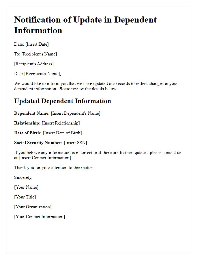 Letter template of notification letter for updating dependent information