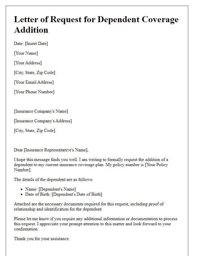 Letter template of request for dependent coverage addition