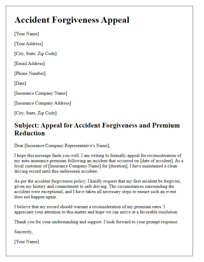 Letter template of accident forgiveness appeal for premium reduction.