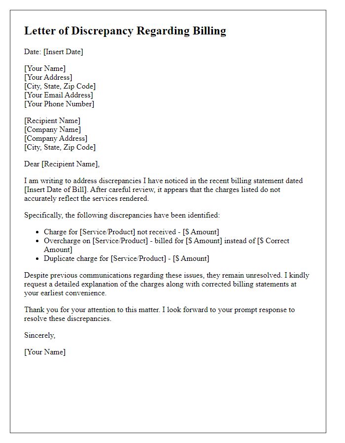 Letter template of false billing correspondence for unresolved discrepancies