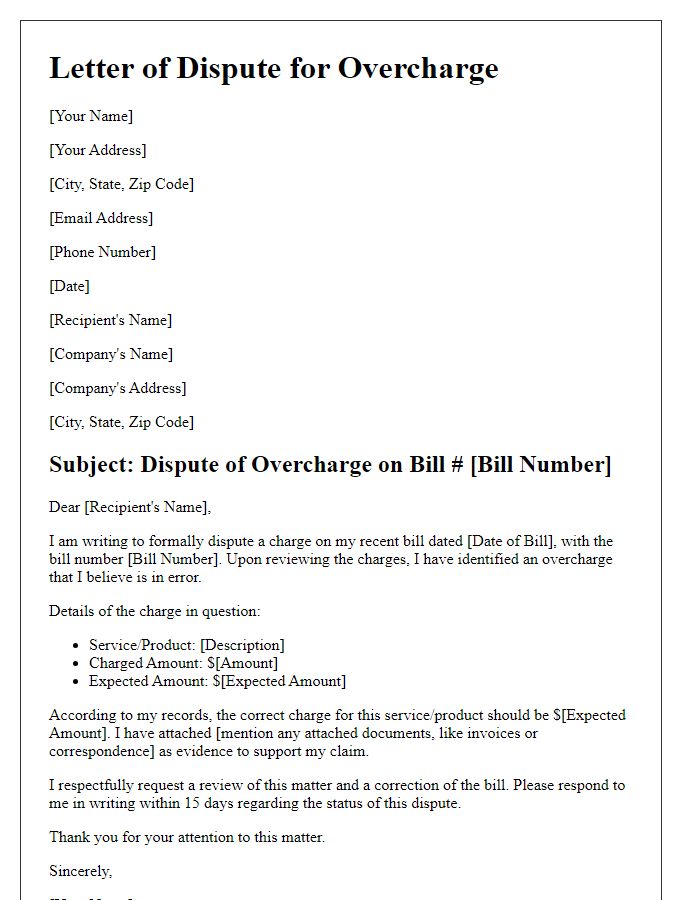 Letter template of false billing dispute for overcharge