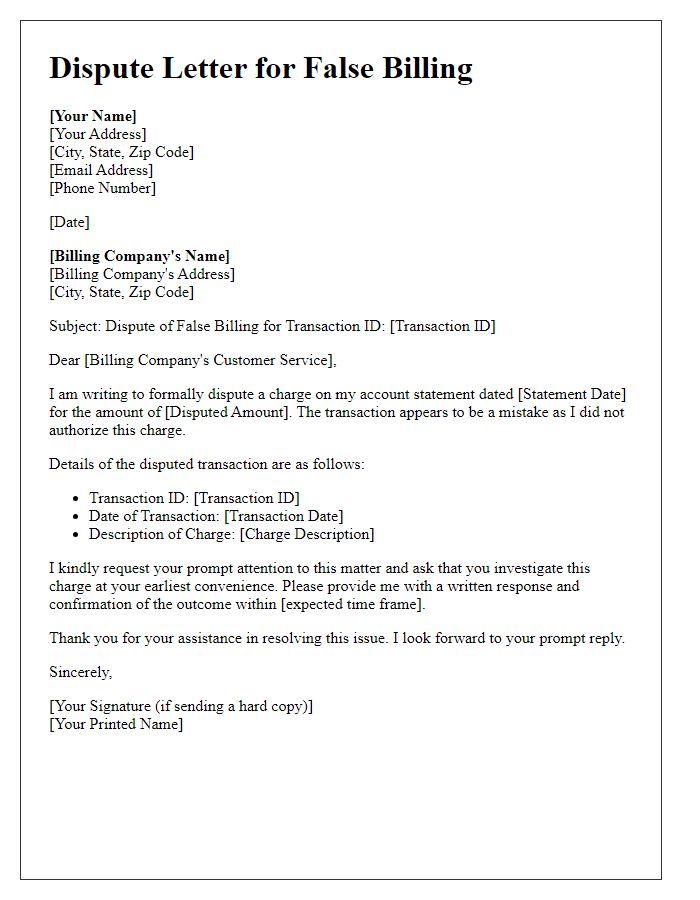 Letter template of false billing issue for disputed transaction