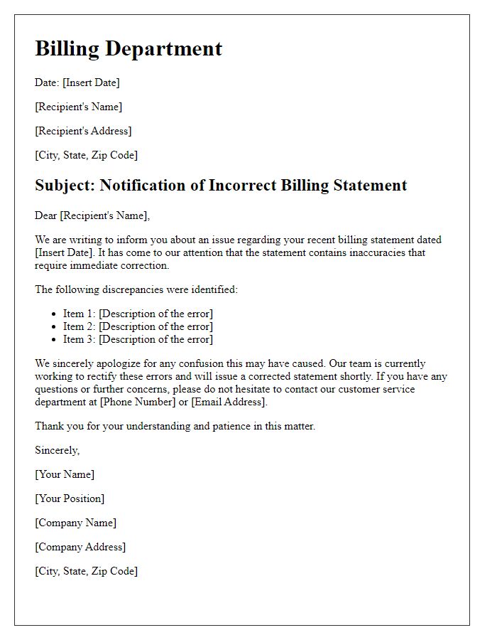 Letter template of false billing notification for incorrect billing statement