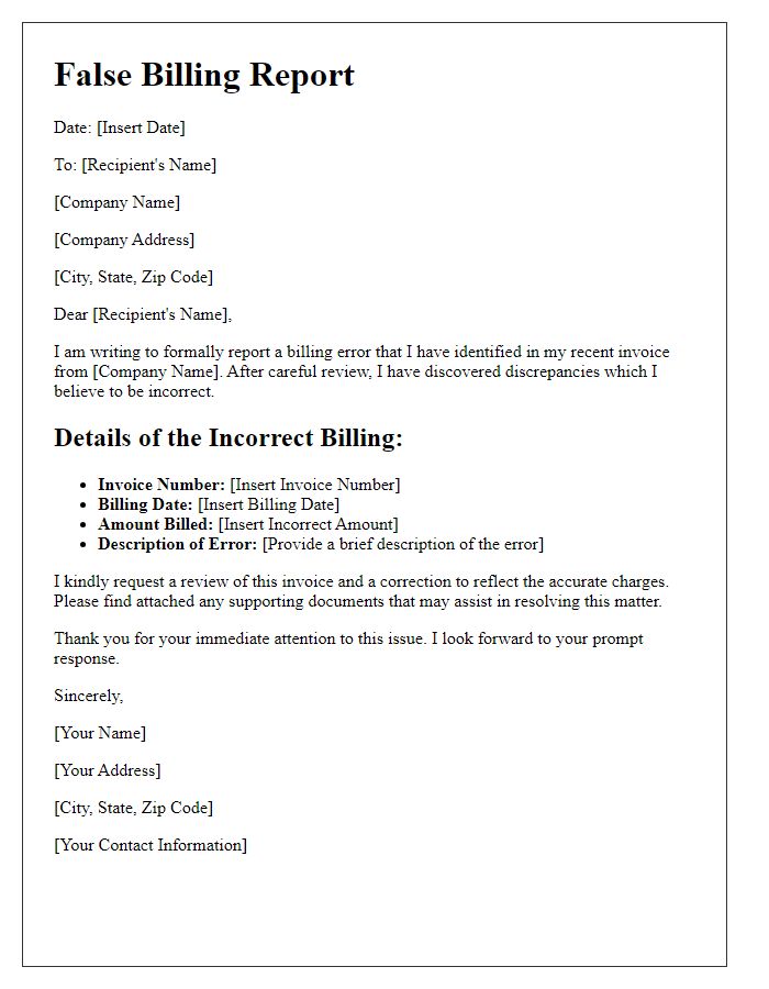 Letter template of false billing report for billing errors