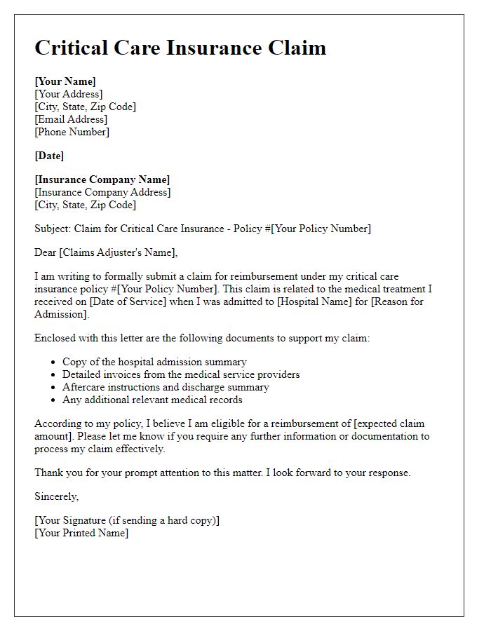 Letter template of critical care insurance claim