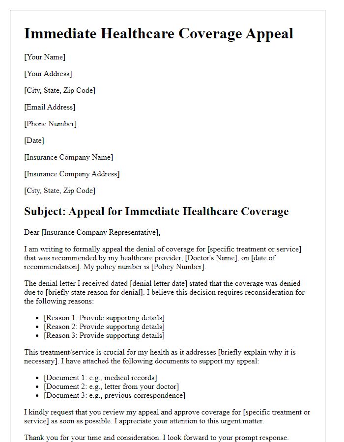 Letter template of immediate healthcare coverage appeal