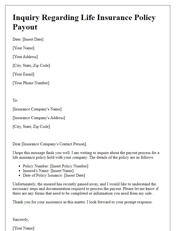 Letter template of life insurance policy payout question