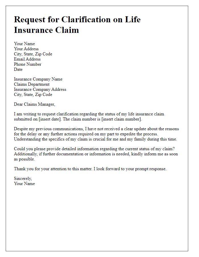 Letter template of request for clarification on life insurance claim