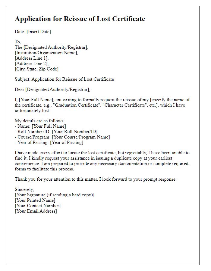 Letter template of application for reissue of lost certificate