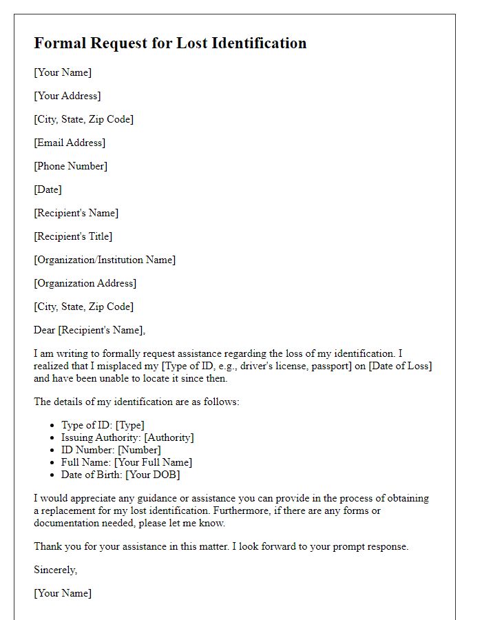 Letter template of formal request for lost identification