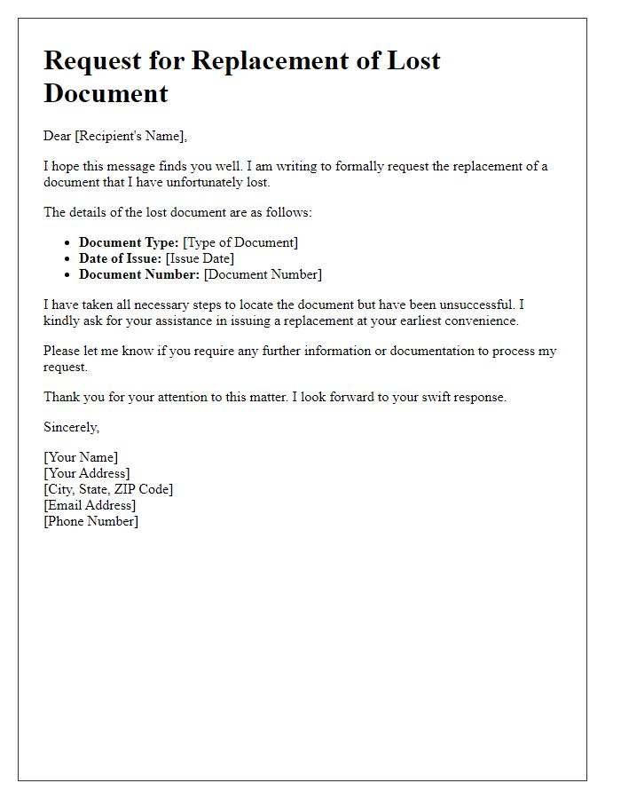 Letter template of request for lost document replacement