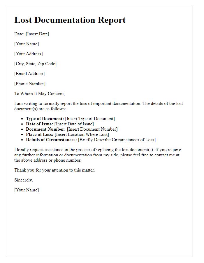 Letter template of statement for reporting lost documentation