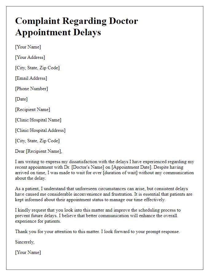 Letter template of complaint regarding doctor appointment delays.