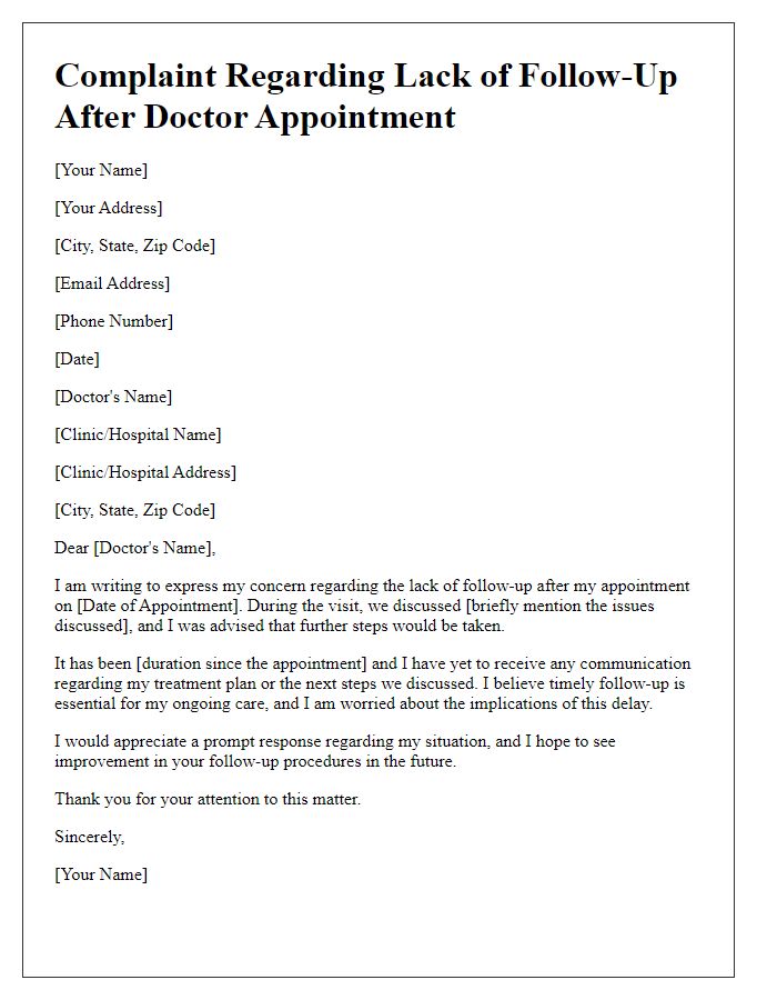 Letter template of complaint regarding lack of follow-up after doctor appointment.