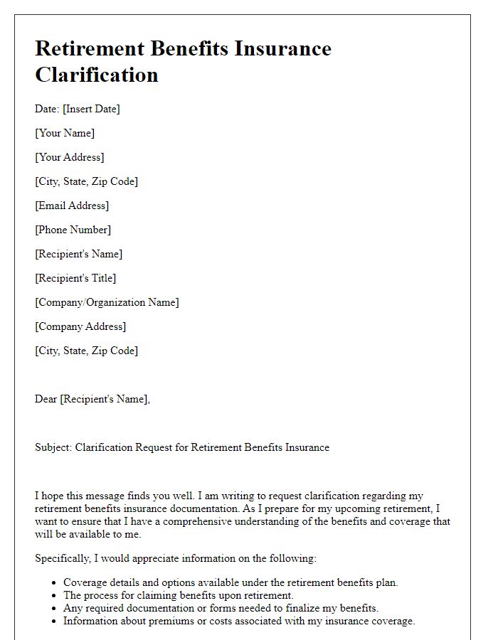 Letter template of retirement benefits insurance clarification for documentation.