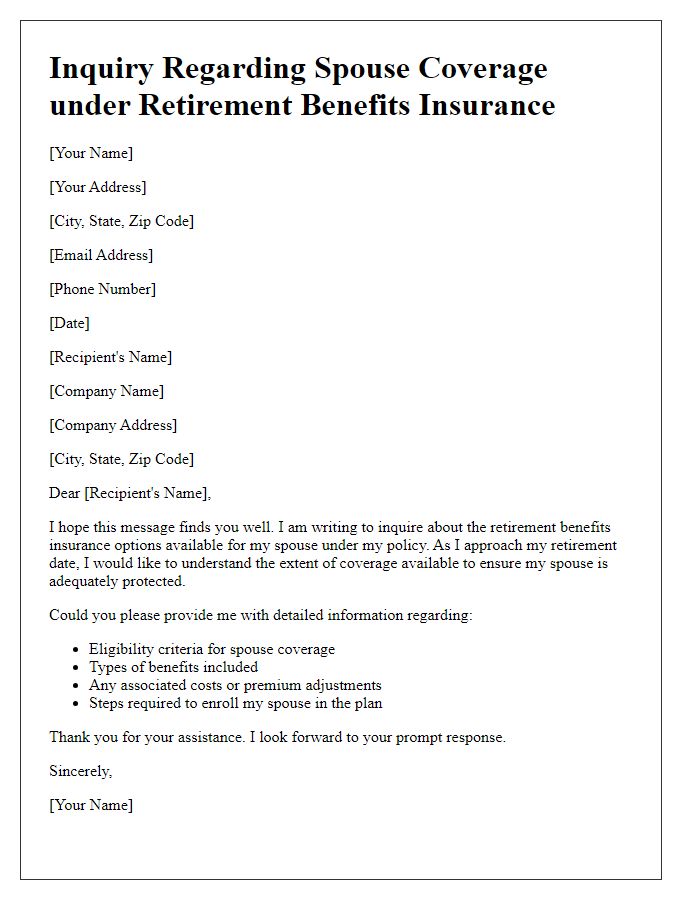 Letter template of retirement benefits insurance inquiry for spouse coverage.