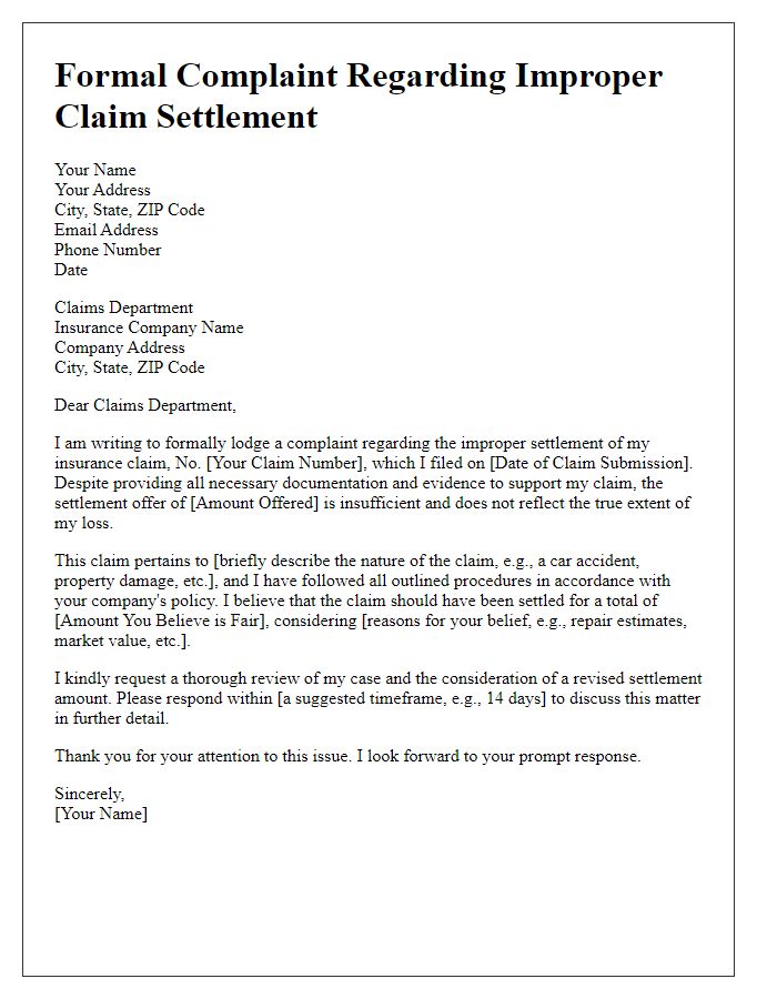 Letter template of formal insurance complaint for improper claim settlement.