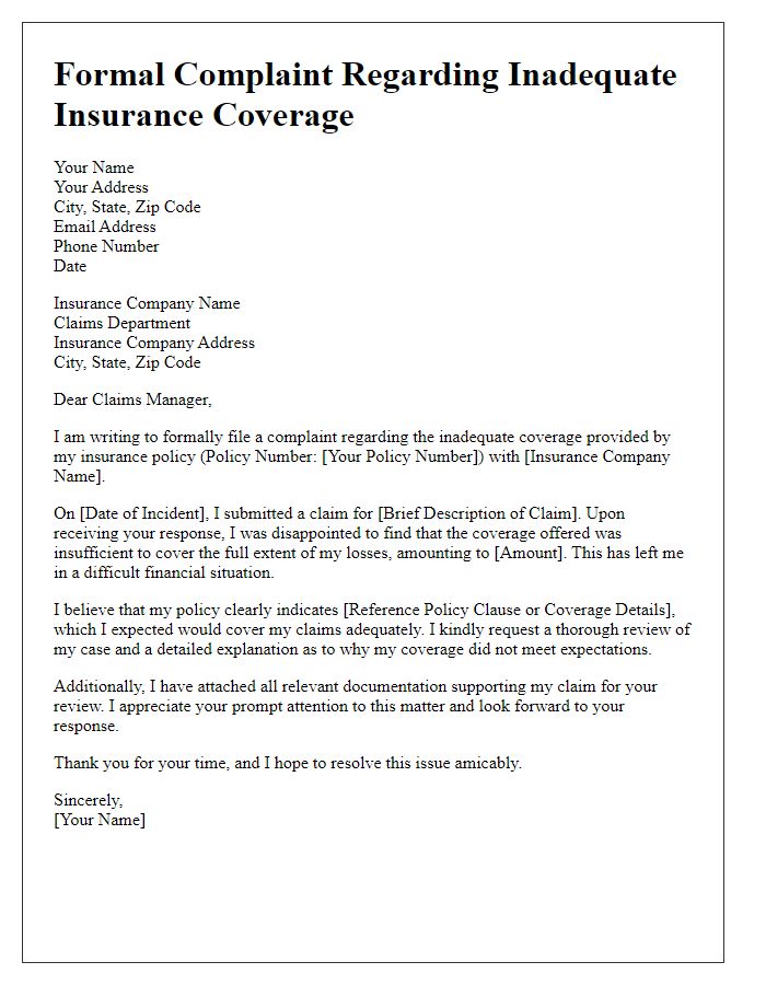 Letter template of formal insurance complaint for inadequate coverage.