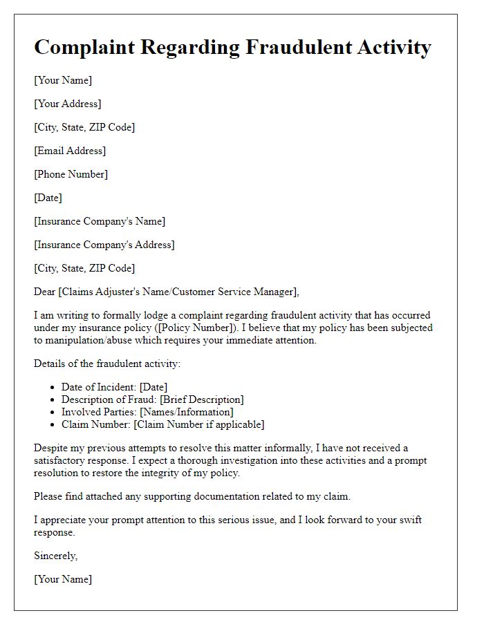 Letter template of formal insurance complaint related to fraudulent activity.