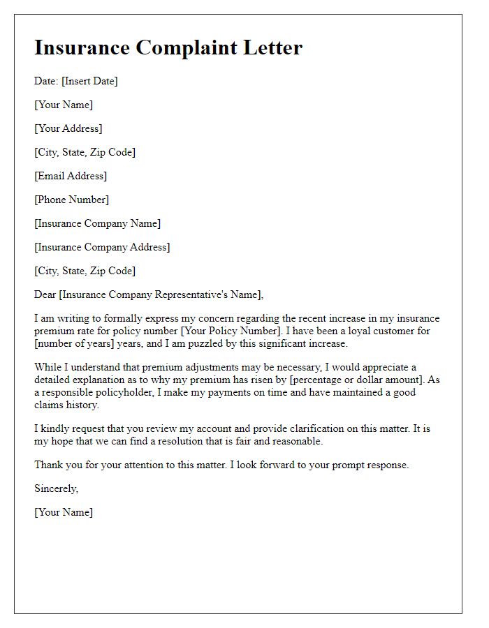 Letter template of insurance complaint concerning premium rate increase.