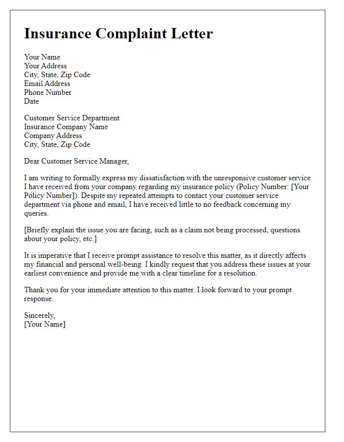 Letter template of insurance complaint over unresponsive customer service.