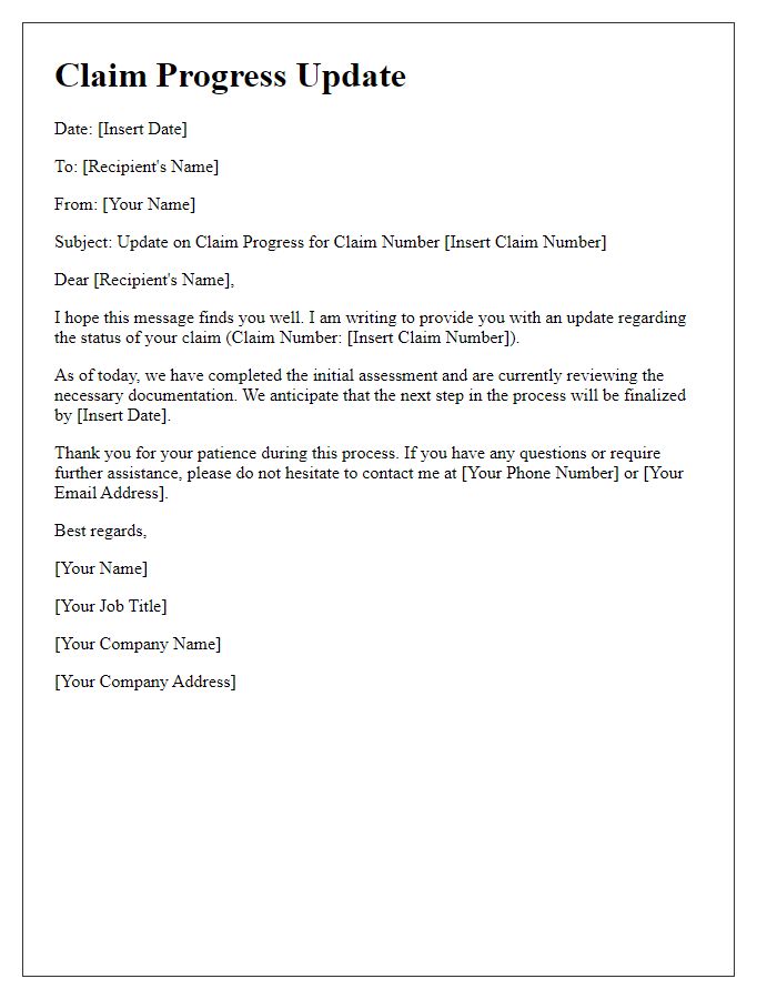 Letter template of communication regarding claim progress