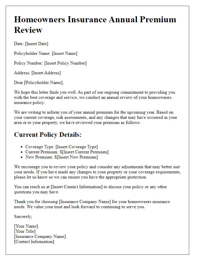 Letter template of homeowners insurance annual premium review