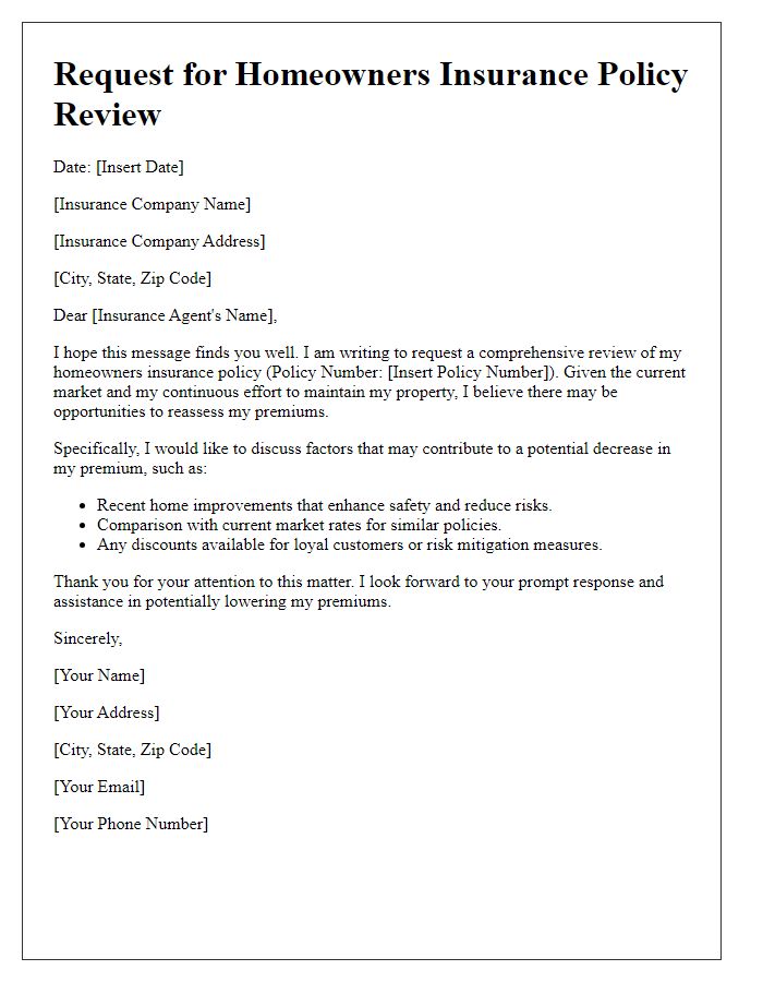 Letter template of homeowners insurance policy review for premium decrease