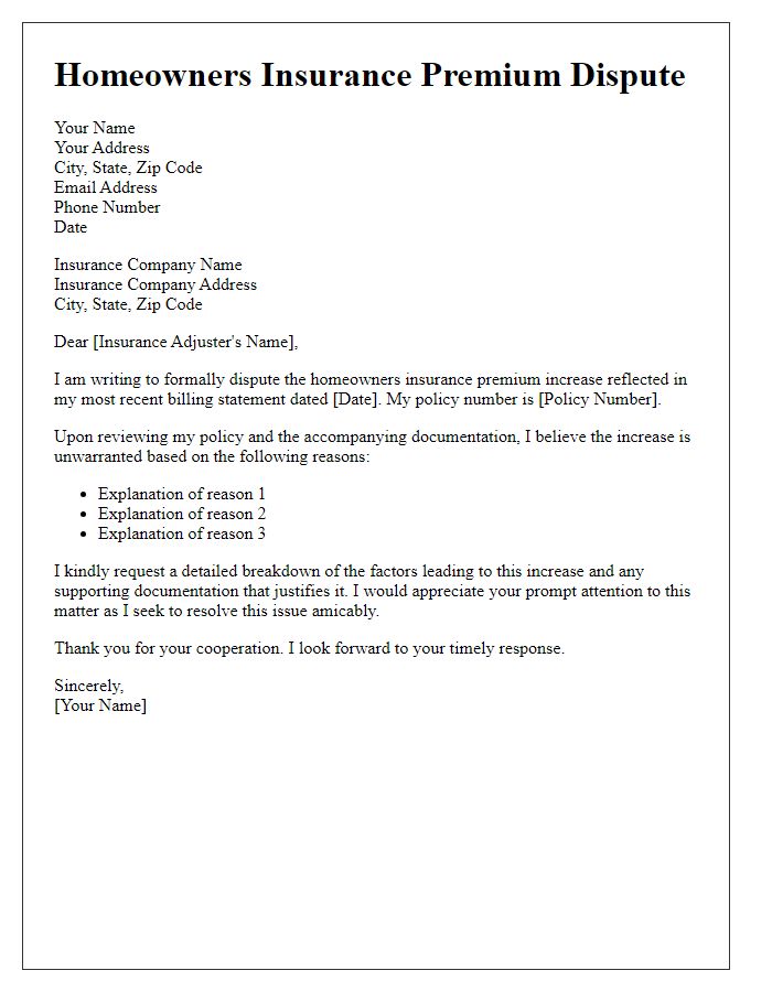 Letter template of homeowners insurance premium dispute