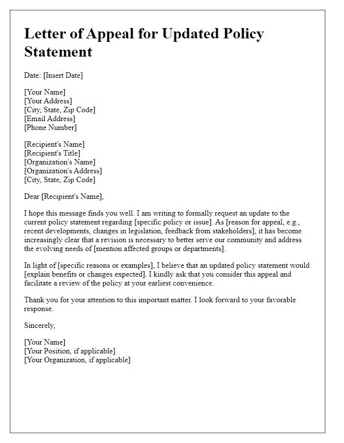 Letter template of appeal for an updated policy statement.