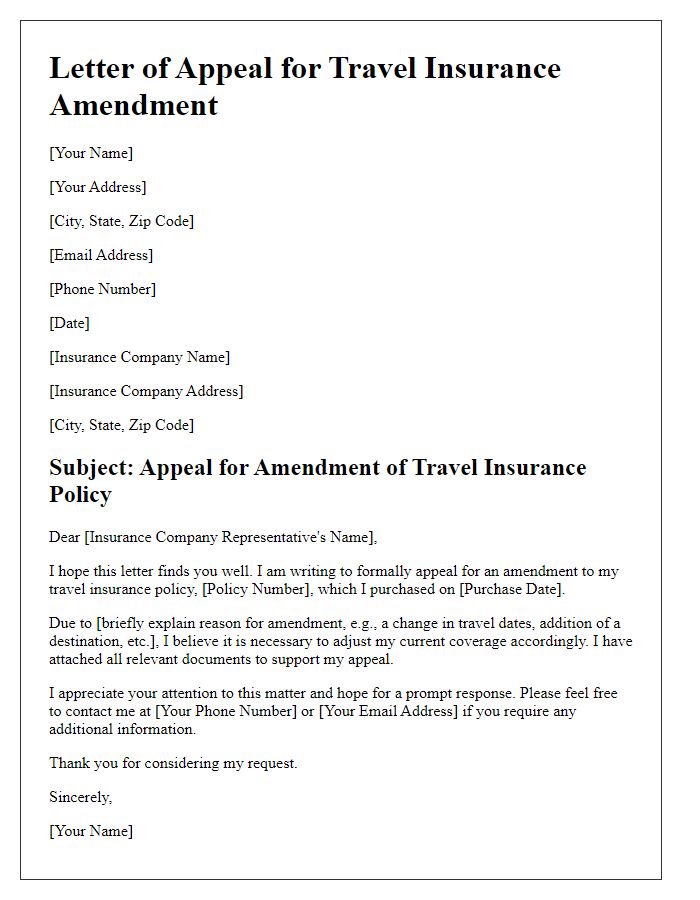 Letter template of appeal for travel insurance amendment