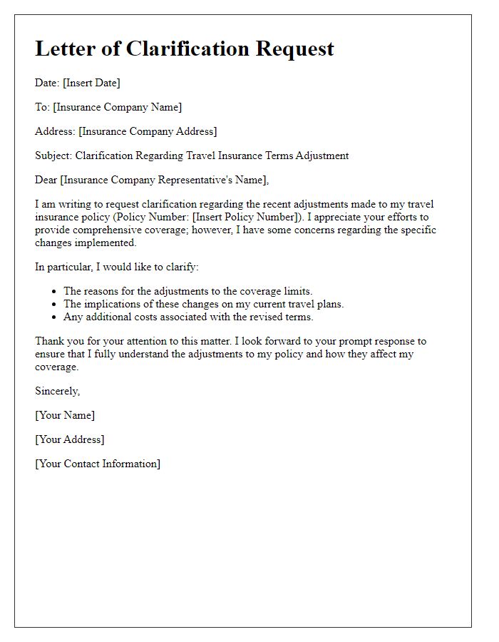 Letter template of clarification for travel insurance terms adjustment