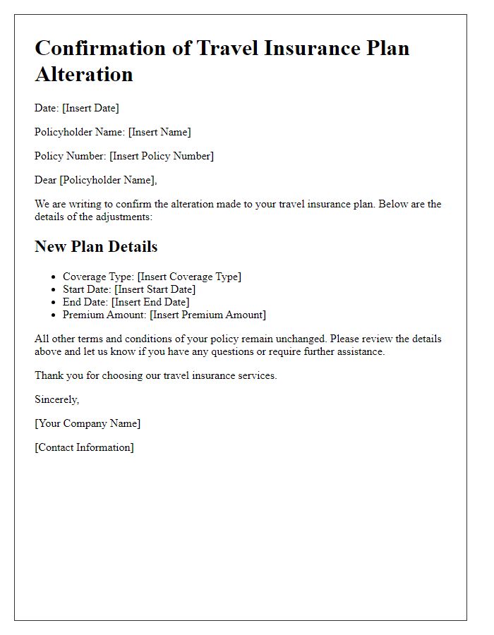 Letter template of confirmation for travel insurance plan alteration