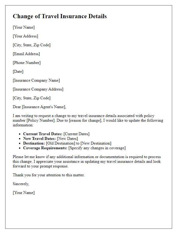 Letter template of correspondence for changing travel insurance details