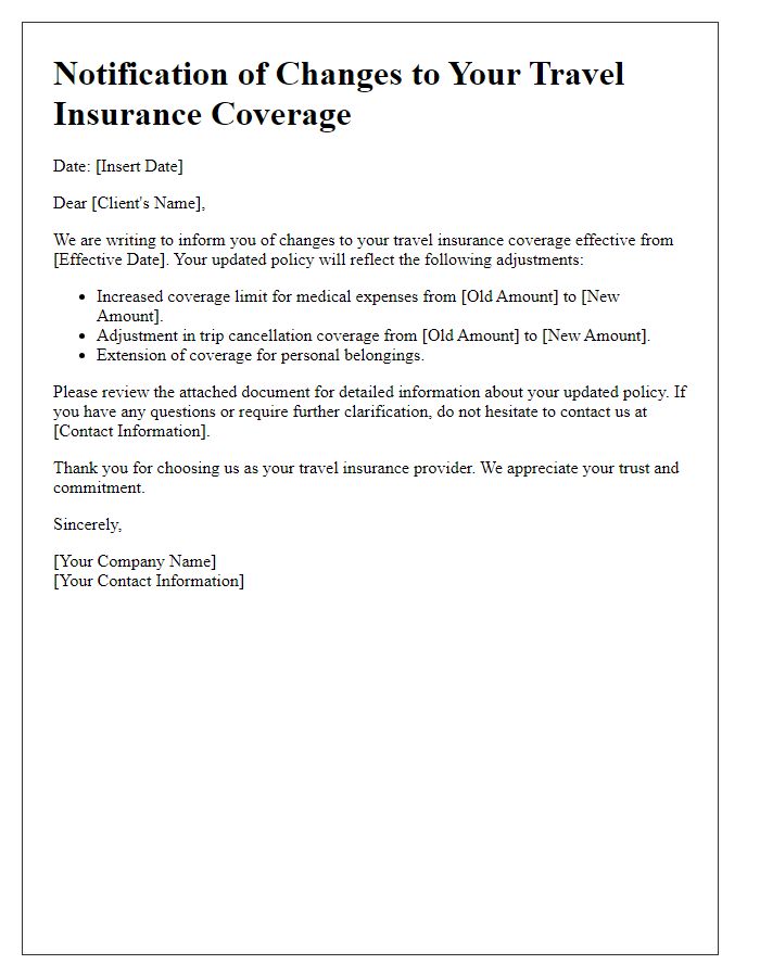 Letter template of notification for travel insurance coverage changes